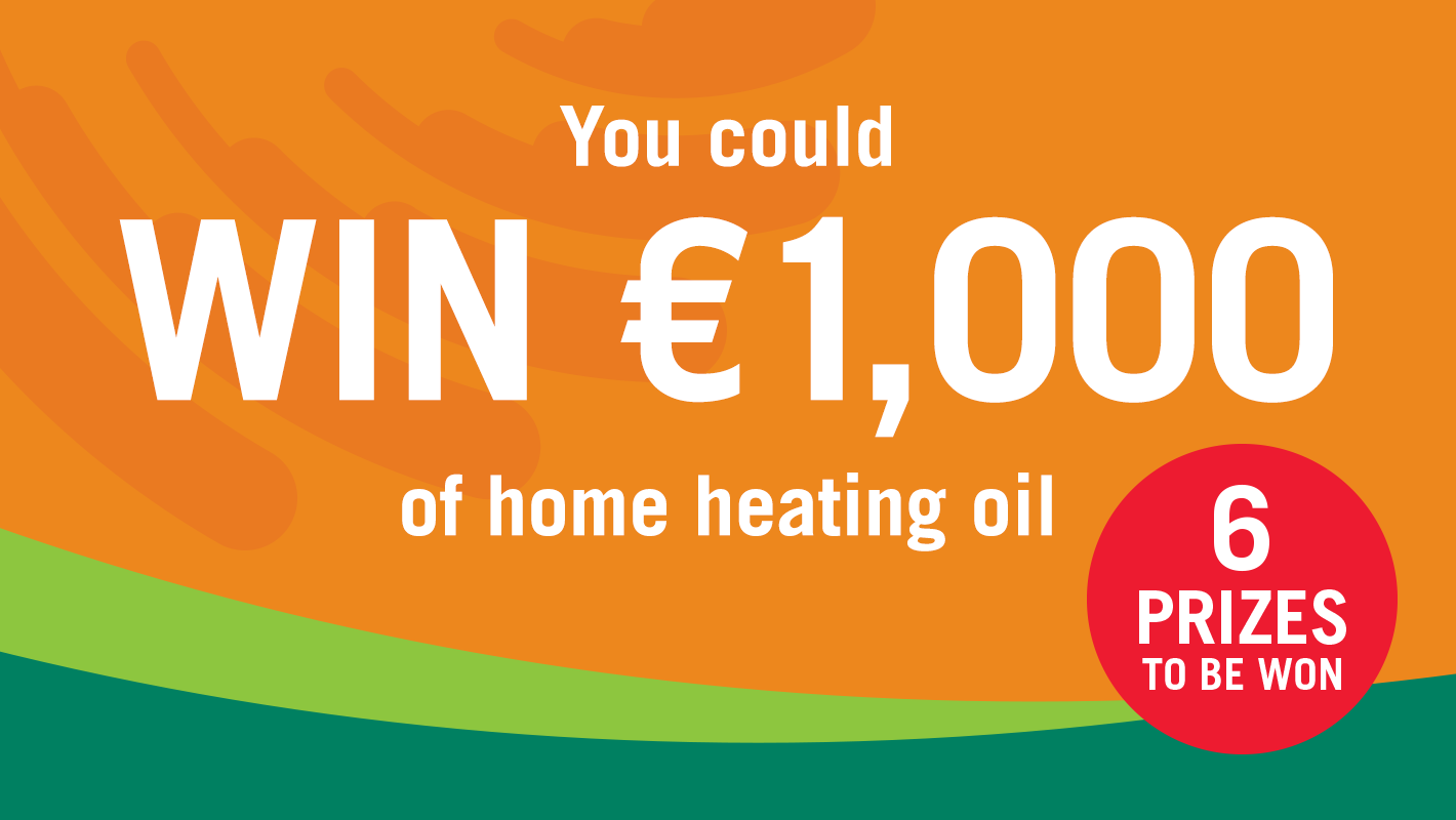 Promotional banner with an orange background and curved green shapes along the bottom. Large white text reads: “You could WIN €1,000 in home heating oil.” A red circle on the lower right contains the text: “6 PRIZES TO BE WON.”