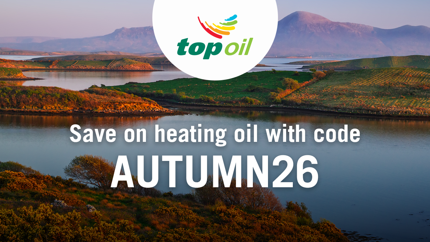 Top Oil promotion featuring a coastal landscape and the text: “Save on heating oil with code AUTUMN26.”